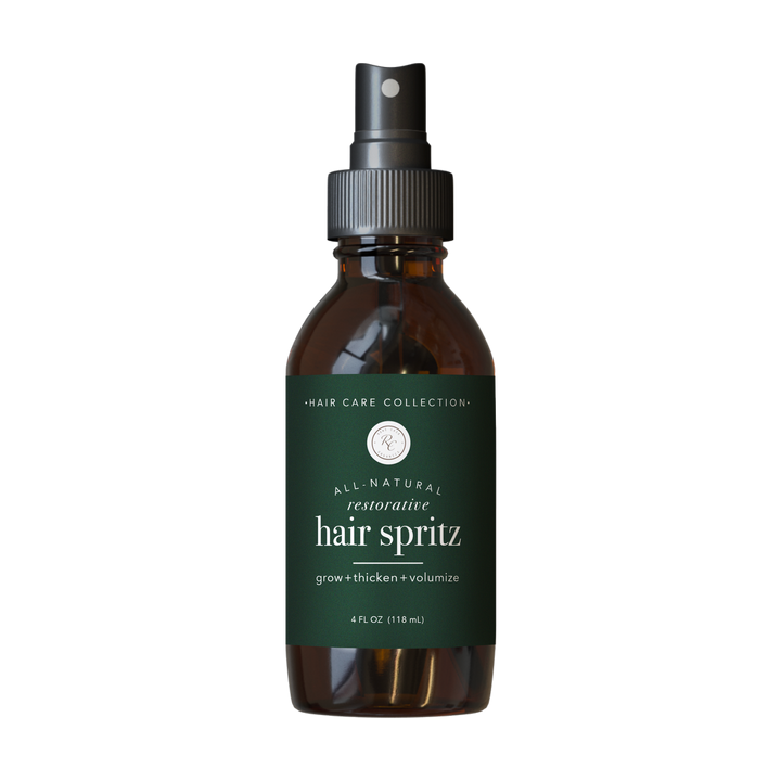 Brown 4 oz spray bottle labeled “Hair Spritz” for hair care with “grow + thicken + volumize” text, available in 4 oz size.