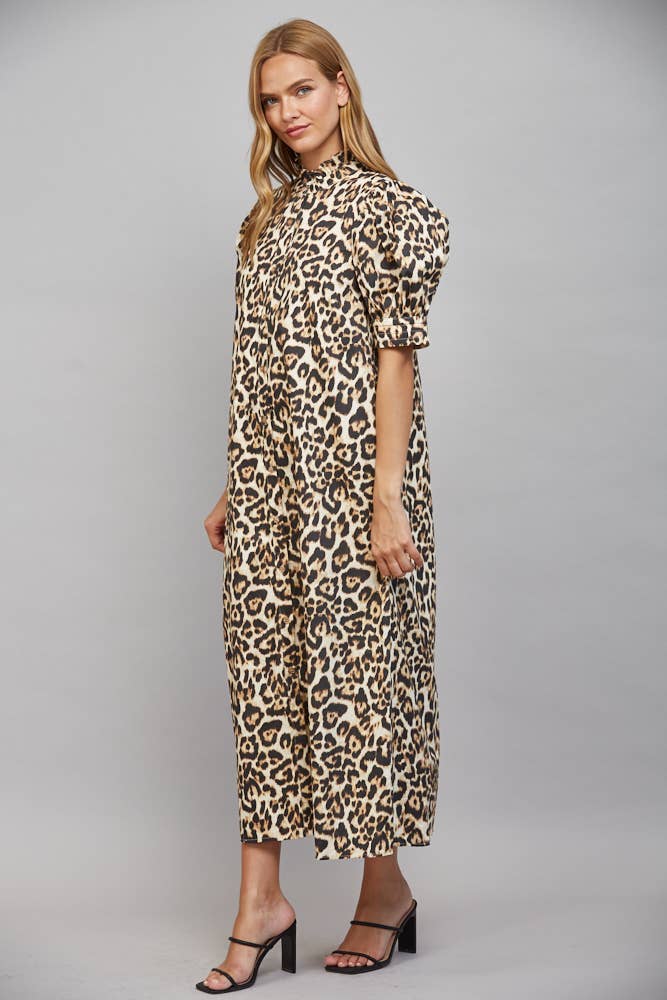 Leopard print midi dress with ruffled high neckline, button-down front, and short puff sleeves. Ivory multi, size L.