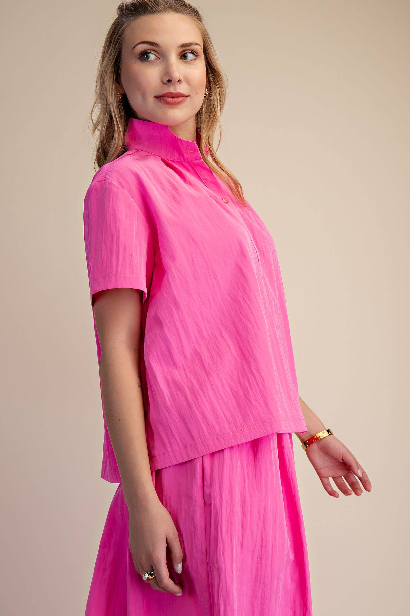 Pink Stand Collar Short Sleeves Shirt, available in sizes S-XL. Simple, stylish, and perfect for summer wear.