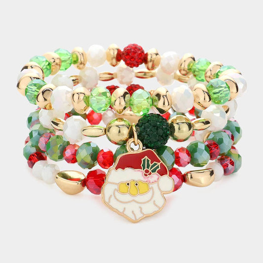 4PCS - Santa Claus Charm Faceted Beaded Stretch Bracelets: Green