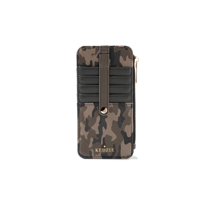 Kedzie Essentials Only Zippered Wallet Amalfi in vegan leather with camouflage pattern, multiple card slots, side zipper, center strap, and gold “KEDZIE” embossing at the bottom. Sizes available.