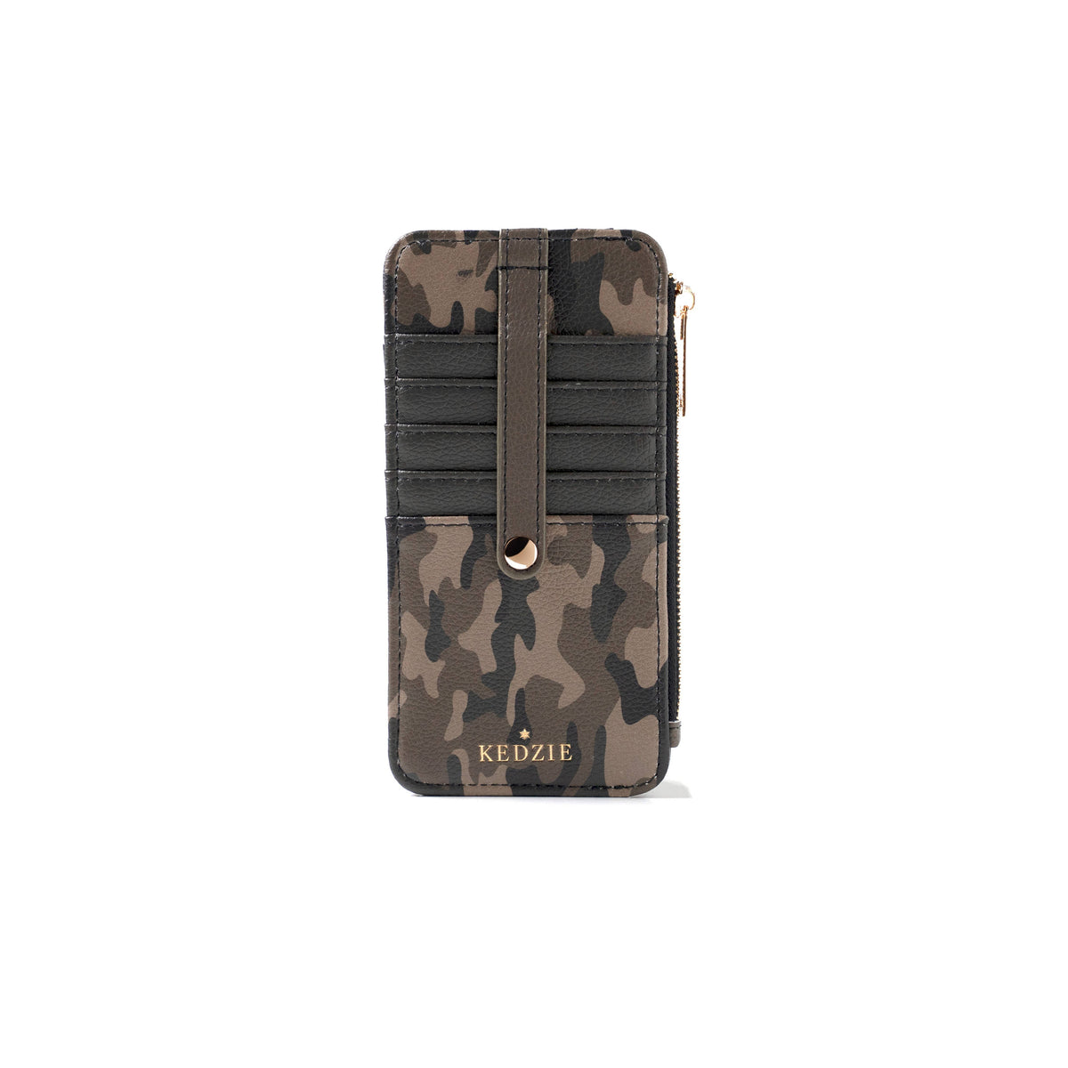 “Kedzie Essentials Only Zippered Wallet Open Stock: Feline Cute” vegan leather wallet with camouflage pattern, black card slots, brown strap, gold zipper, and “KEDZIE” in gold at the bottom. Size availability not specified.