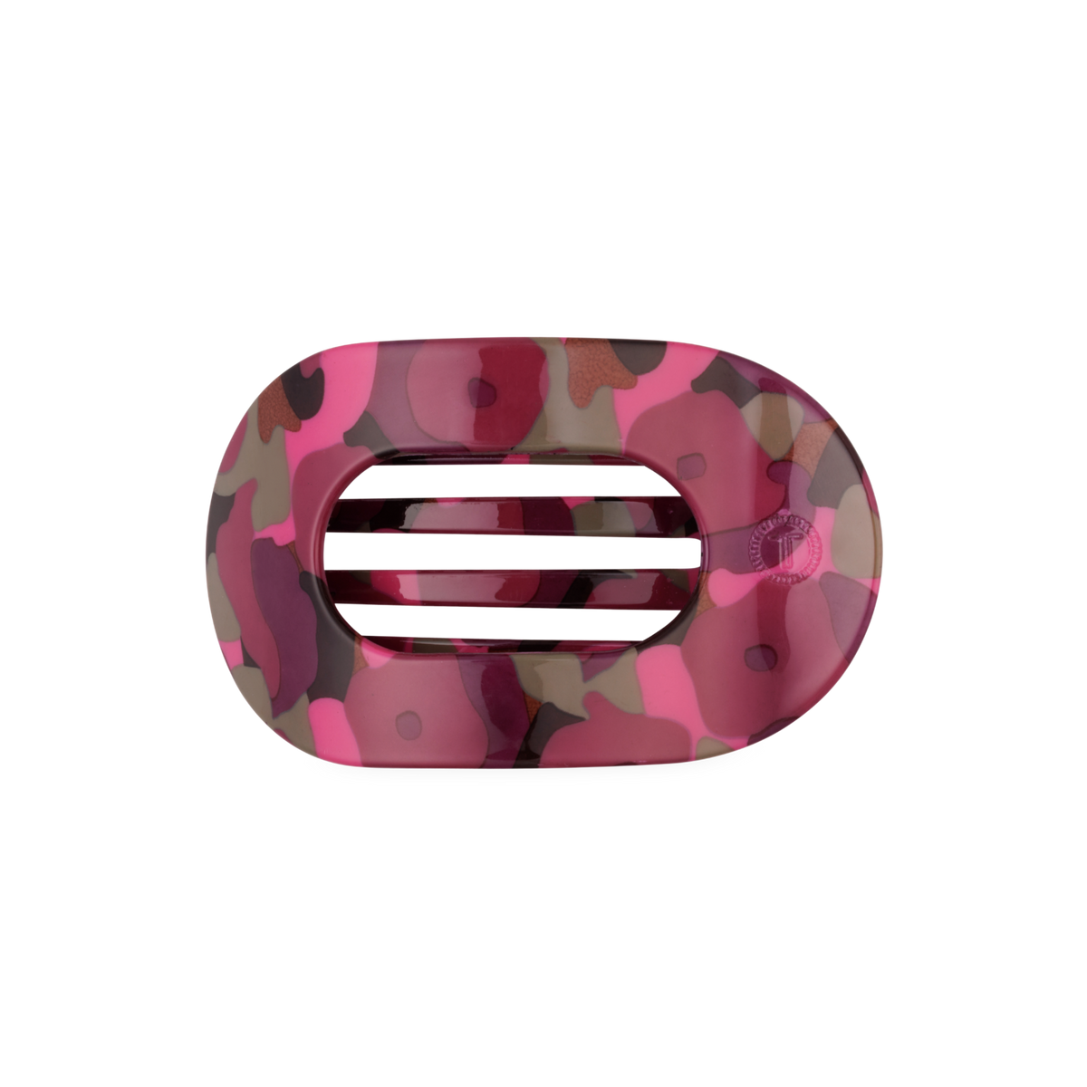 Garden Glam Medium Flat Round Hair Clip, oval-shaped with three horizontal slits and a pink, red, and brown camouflage pattern. Available in medium size.