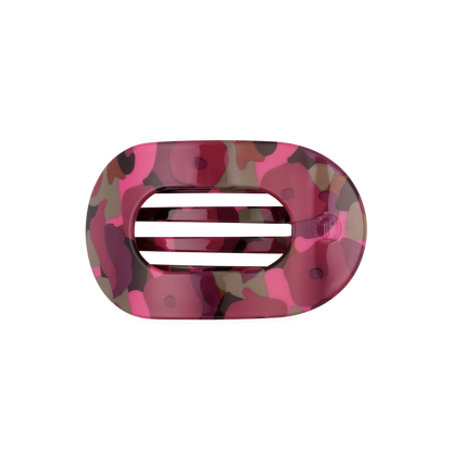 Garden Glam Medium Flat Round Hair Clip, oval-shaped with three horizontal slits and a pink, red, and brown camouflage pattern. Available in medium size.