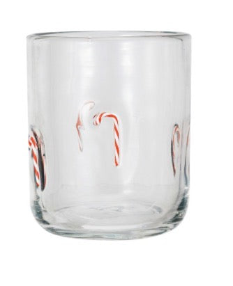 Holiday Icon Glass, a clear tumbler with red and white candy cane patterns.