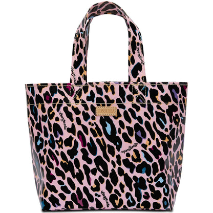 Colorful tote bag in pink, black, brown, blue, and purple leopard print. Two handles, gold-tone label. Available in multiple sizes.