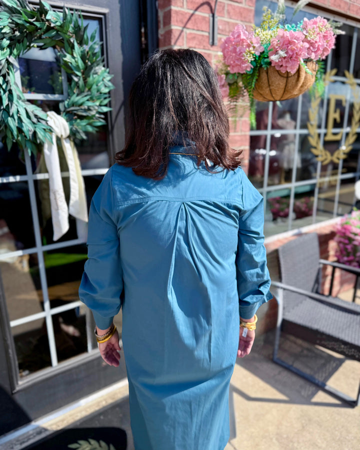 Teal Collared Button Detail Relaxed Midi Dress with front buttons, available in sizes XS-XL.