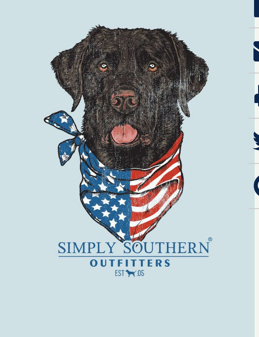 Black labrador retriever wearing a Dog USA Tshirt, with text "Simply Southern Outfitters est '05" below. The background is a plain light blue short sleeve shirt.