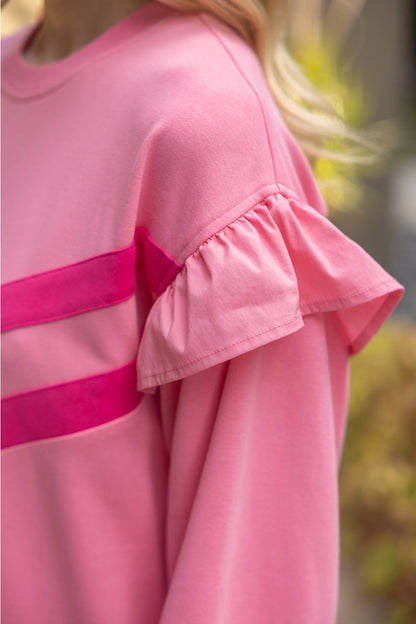 Terry Striped Dress in light and dark pink stripes, ruffled short sleeves, soft French terry. Available in sizes XS-XL.