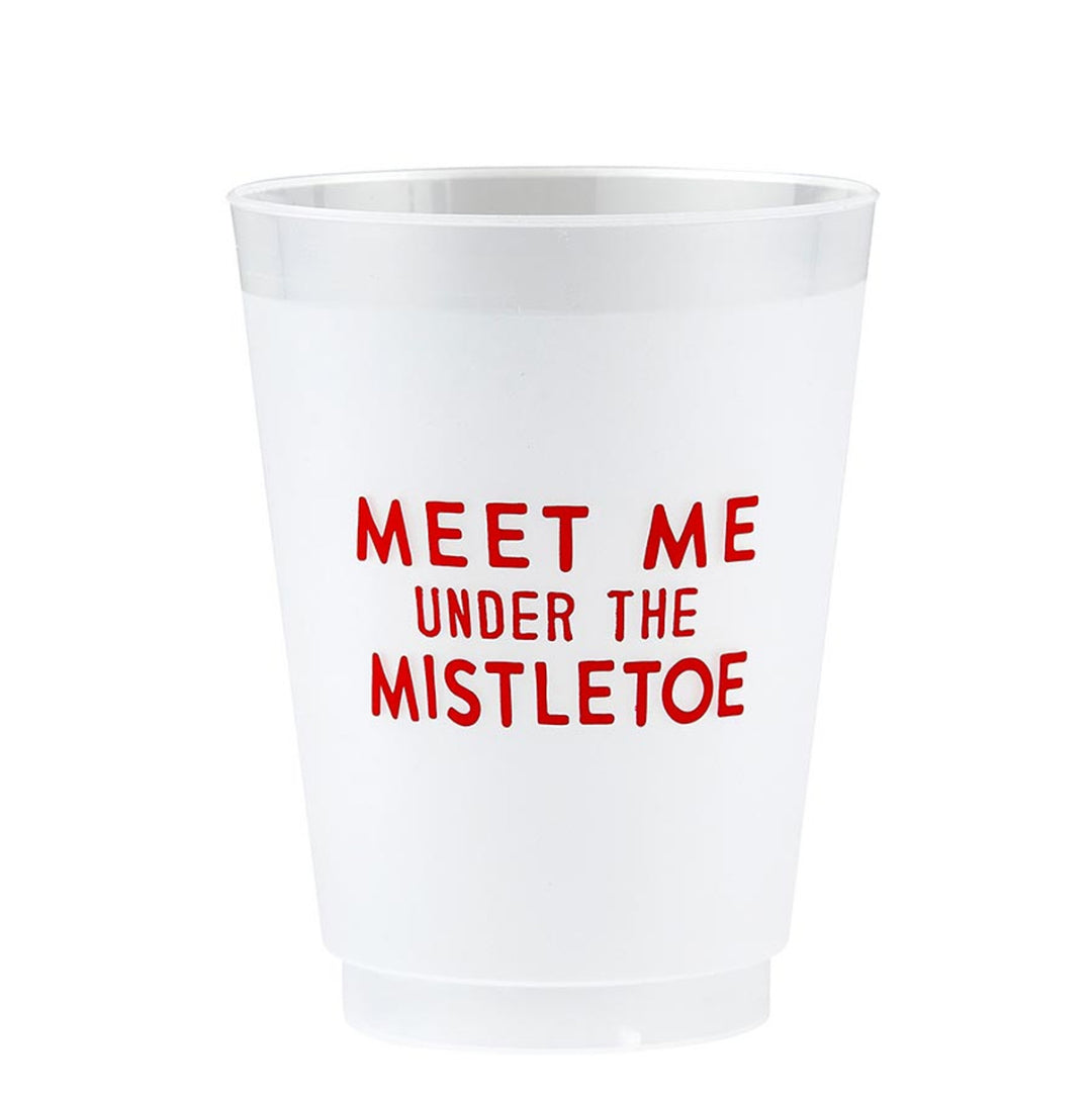 **Frosted Cups**:  
Durable, reusable frosted plastic cups with "MEET ME UNDER THE MISTLETOE" printed in red on the front. Smooth finish. Sizes available: 12 oz, 16 oz.
