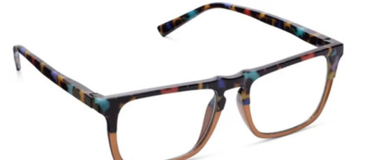 **Traveler-Peepfetti Tortoise/Bronze Eyeglasses**

A pair of rectangular eyeglasses with a colorful, tortoiseshell-patterned frame. Features shades of blue, green, yellow, and red on the upper part; transparent brown on the lower part. Includes blue light filtering.

**Sizes Available:**
- Small
- Medium
- Large