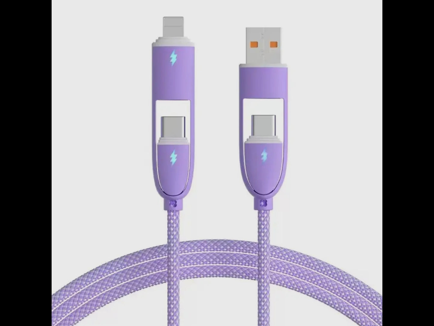 Two 3ft purple braided 4-in-1 cables with USB, Lightning, and USB-C connectors; blue lightning bolt symbol on casing.