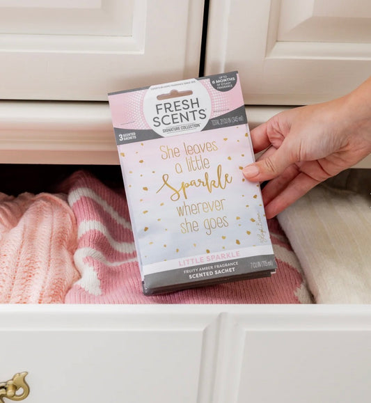 Little Sparkle Scented Sachet with the quote “She leaves a little sparkle wherever she goes.” Available in small, medium, and large sizes.