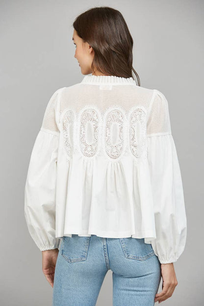 Lace Appliqué Detail Mixed Media Long Sleeve Blouse