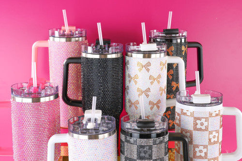 Sparkle Rhinestone Tumblers, 30 oz, with handles, straws, rhinestone or patterned exteriors in pink, black, gold, and white.
