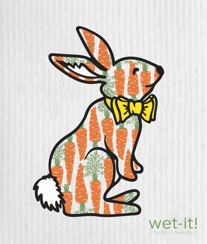 Hungry Bunny Swedish Cloth with carrot pattern. Available sizes: 6.75"x8". Reusable, made in Sweden, “wet-it!” branding.