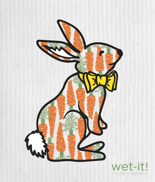 Hungry Bunny Swedish Cloth with carrot pattern. Available sizes: 6.75"x8". Reusable, made in Sweden, “wet-it!” branding.