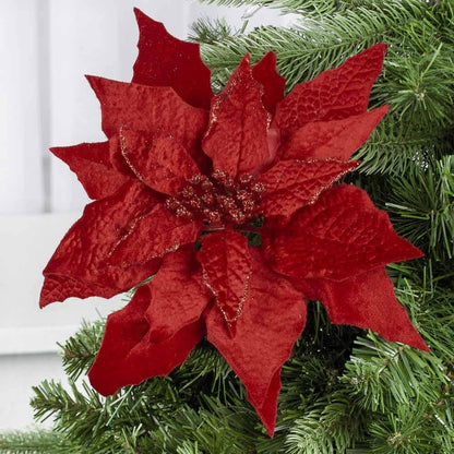 Large artificial velveteen poinsettia in rich burgundy with textured petals; available in multiple sizes.