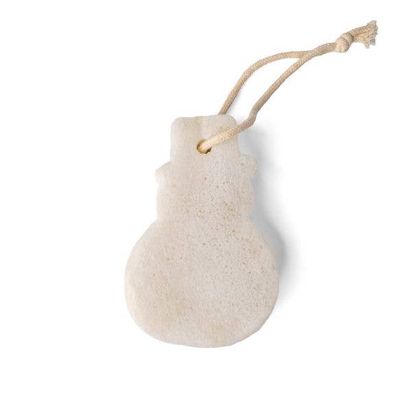 White Lemon Lavender Bubbly and Bright Super Sudsy Soap Sponge shaped like a snowman with a tan string looped through the top; available in standard size.