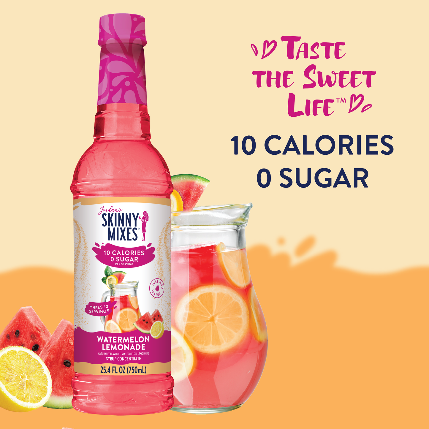 Sugar Free Watermelon Lemonade Syrup Concentrate bottle. “Taste the Sweet Life. 10 Calories, 0 Sugar.” Sizes: 12oz, 24oz.