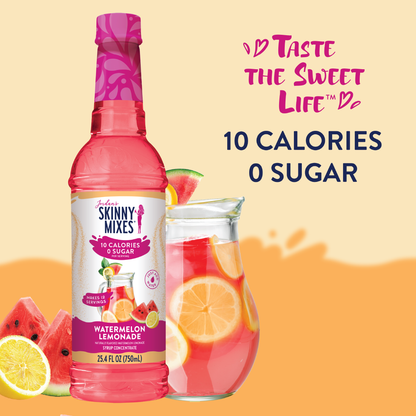 Sugar Free Watermelon Lemonade Syrup Concentrate bottle. “Taste the Sweet Life. 10 Calories, 0 Sugar.” Sizes: 12oz, 24oz.