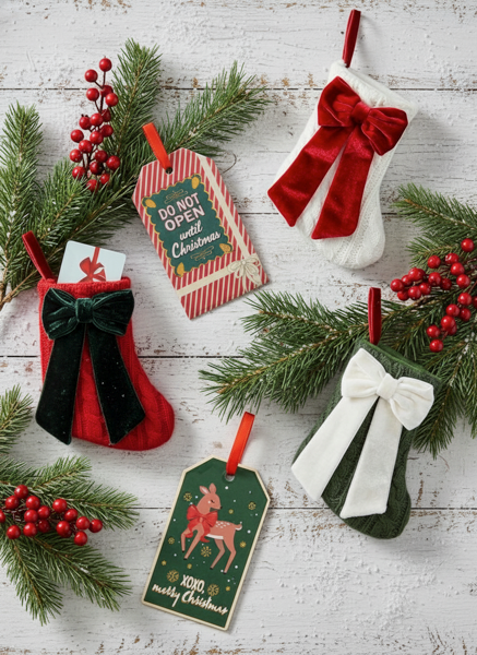 Three mini cable-knit Christmas stocking ornaments in red, white, and green with velvet bows and hanging loops.