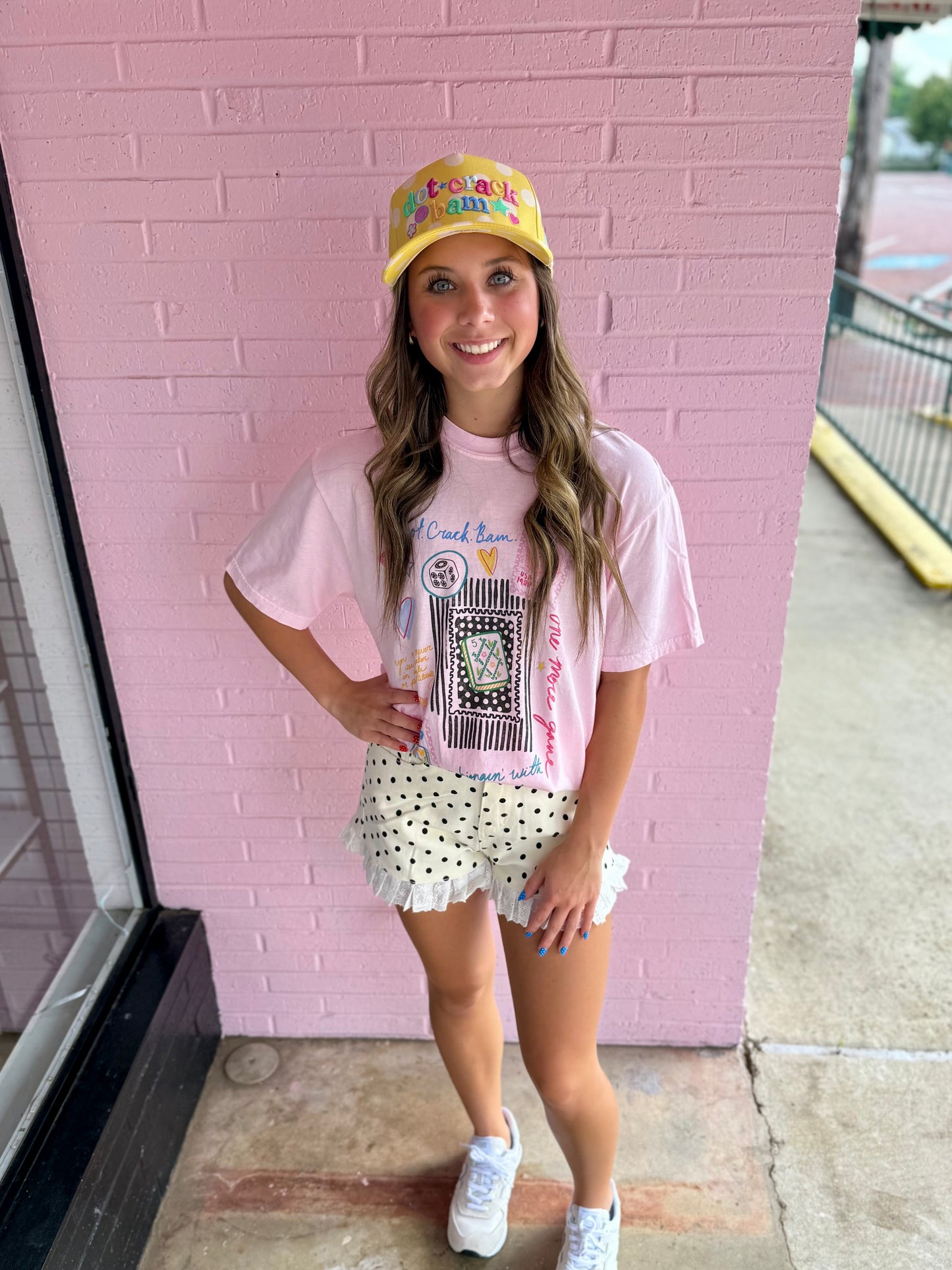 Light pink Mahjong Collage Tee; available in sizes XS-XL.