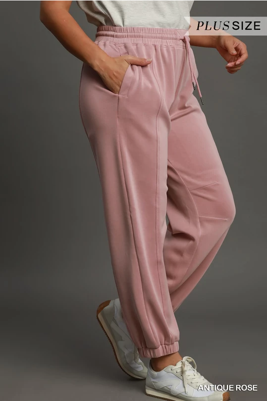 Ultra Soft Jogger Pants in Antique Rose with elastic waistband and pockets, available in plus sizes.