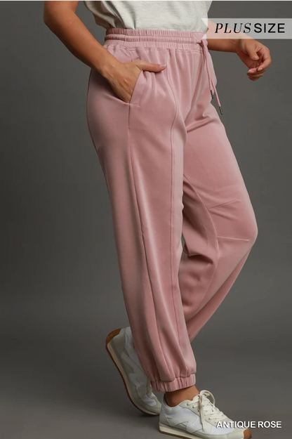 Ultra Soft Jogger Pants in Antique Rose with elastic waistband and pockets, available in plus sizes.