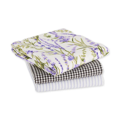 Set of 3 dishtowels: lavender floral, black and white gingham, blue and white stripes. Available in 18"x28" size.