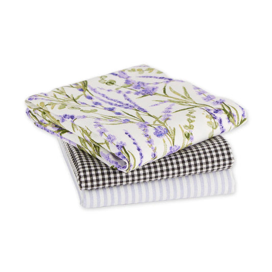 Set of 3 dishtowels: lavender floral, black and white gingham, blue and white stripes. Available in 18"x28" size.