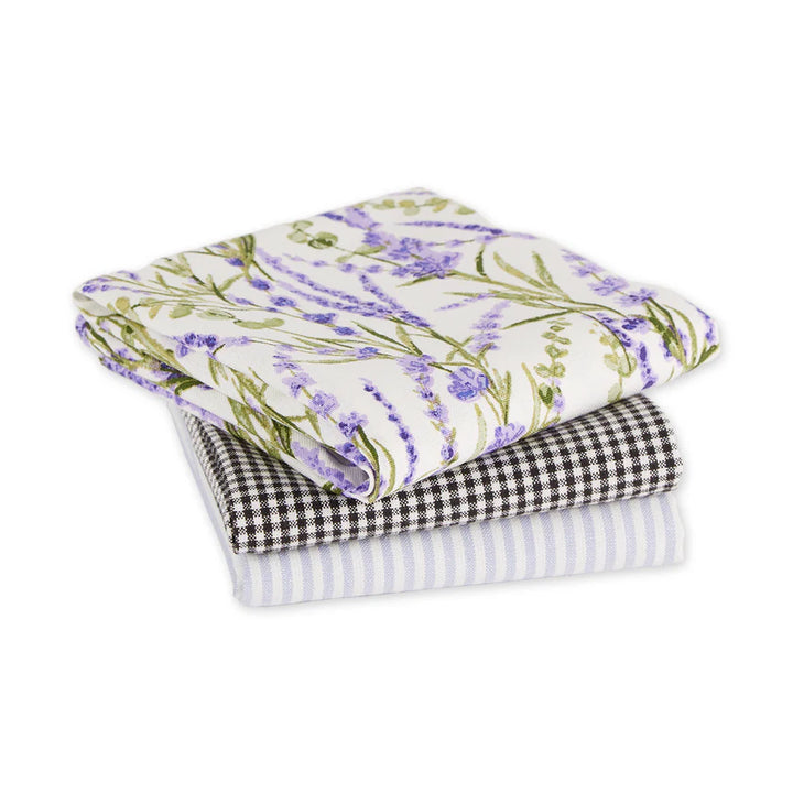 Set of 3 dishtowels: lavender floral, black and white gingham, blue and white stripes. Available in 18"x28" size.