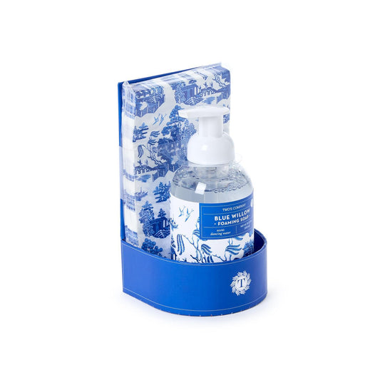 Blue Willow Crisp Linen Scented Foaming Soap and guest towels in blue holder; available in standard and guest sizes.