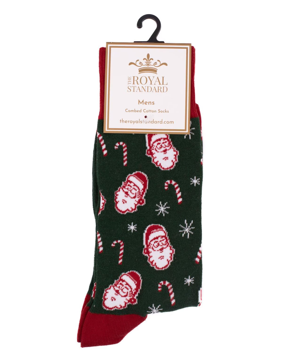 Green men’s Christmas socks with red trim, Santa faces, candy canes, and snowflakes. Available in sizes M, L, XL.
