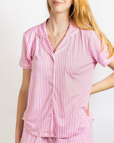 Pinstripe Short Sleeve Sleep Shirt, pink and white vertical stripes, notched collar, chest pocket, button-up front. Available in multiple sizes.