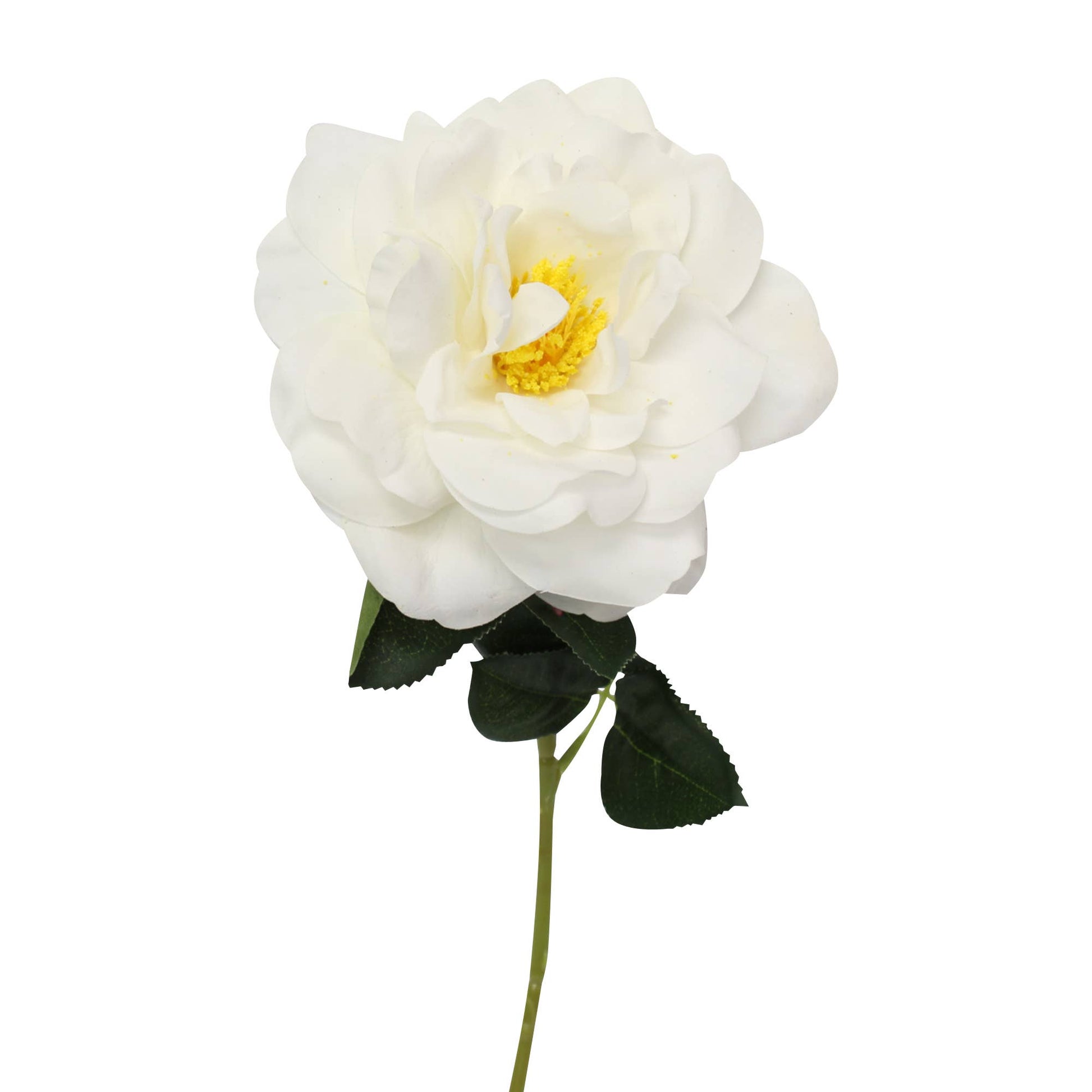 Elegant Real Touch Orlane Rose, 15" Long. Pure White petals, yellow center, slender green stem with leaves. Available Size: 15 inches.