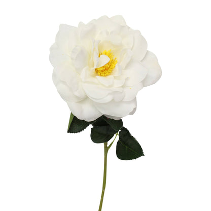 Elegant Real Touch Orlane Rose, 15" Long. Pure White petals, yellow center, slender green stem with leaves. Available Size: 15 inches.