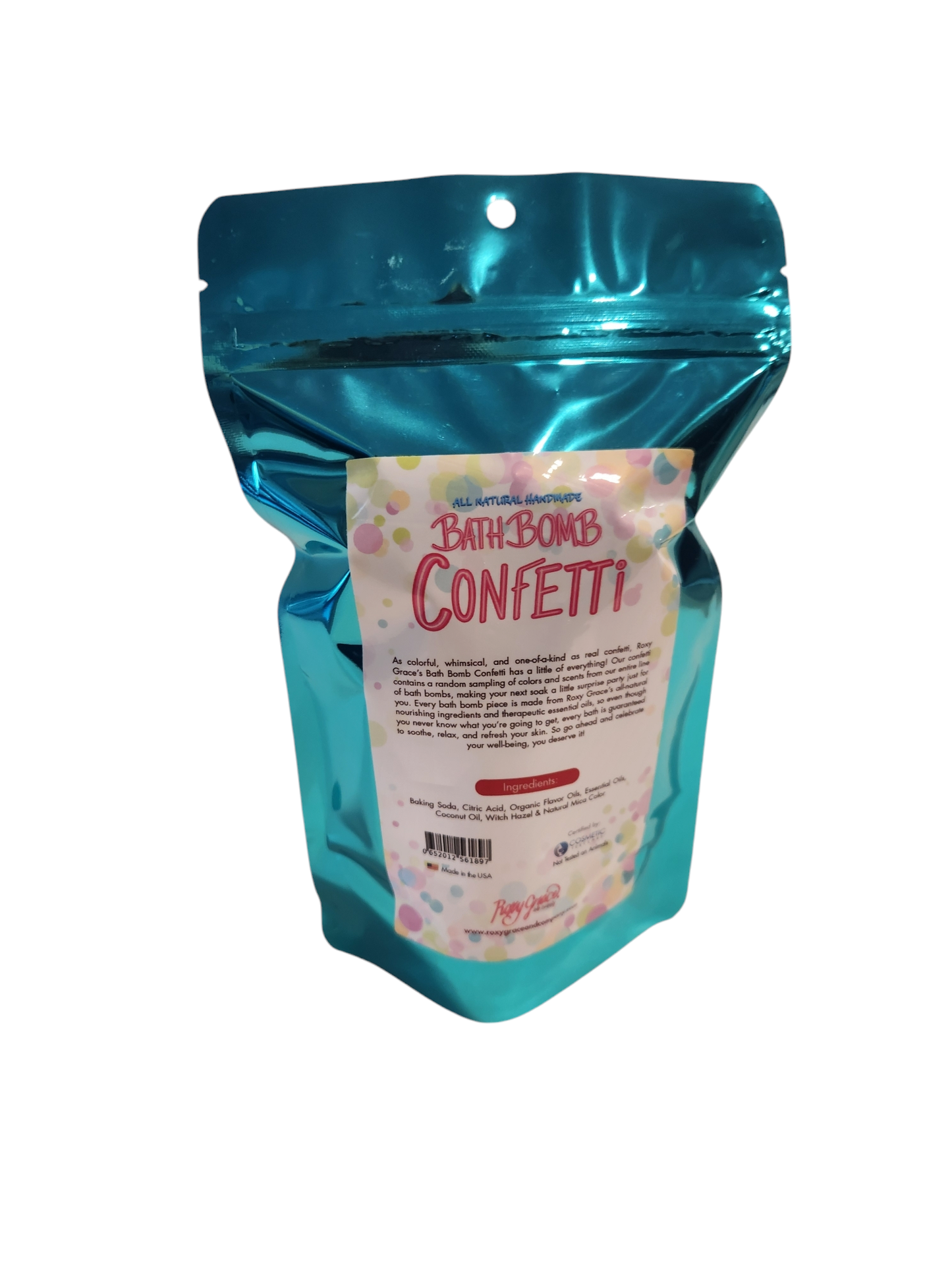 Bath Bomb Confetti in shiny blue resealable pouch with colorful dots; all-natural, essential oil-infused. Sizes: 4oz, 8oz.