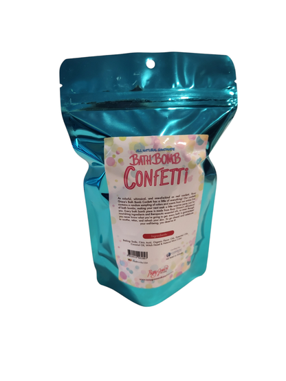 Bath Bomb Confetti in shiny blue resealable pouch with colorful dots; all-natural, essential oil-infused. Sizes: 4oz, 8oz.