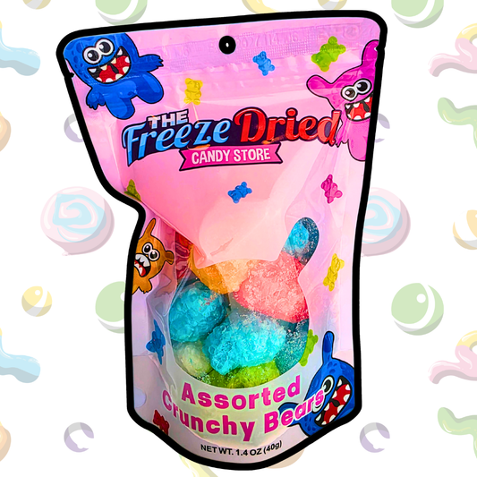 Freeze Dried Gummi Bears in a pink bag with cartoon monsters. Singles size; fruity, crunchy candy inside.
