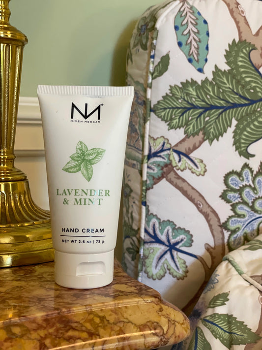 Lavender & Mint Travel Hand Cream tube; available in 30ml and 50ml sizes.