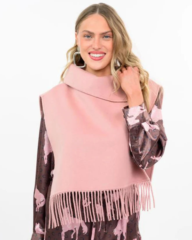 Blush high-collar poncho with fringed hem. Available in multiple sizes.
