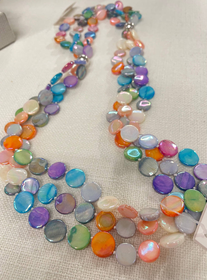 Mother of Pearl 3 Strand Necklace with flat, multicolored beads and a magnetic stainless steel clasp. Available in 16", 18", 20".