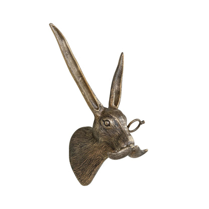 Rabbit head wall décor in antique brass finish with long ears, monocle, and curled mustache. Available in two sizes.