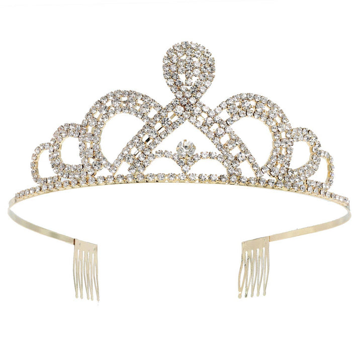 Silver tiara with clear rhinestones, scalloped design, secure combs on ends. Available sizes: S, M, L.