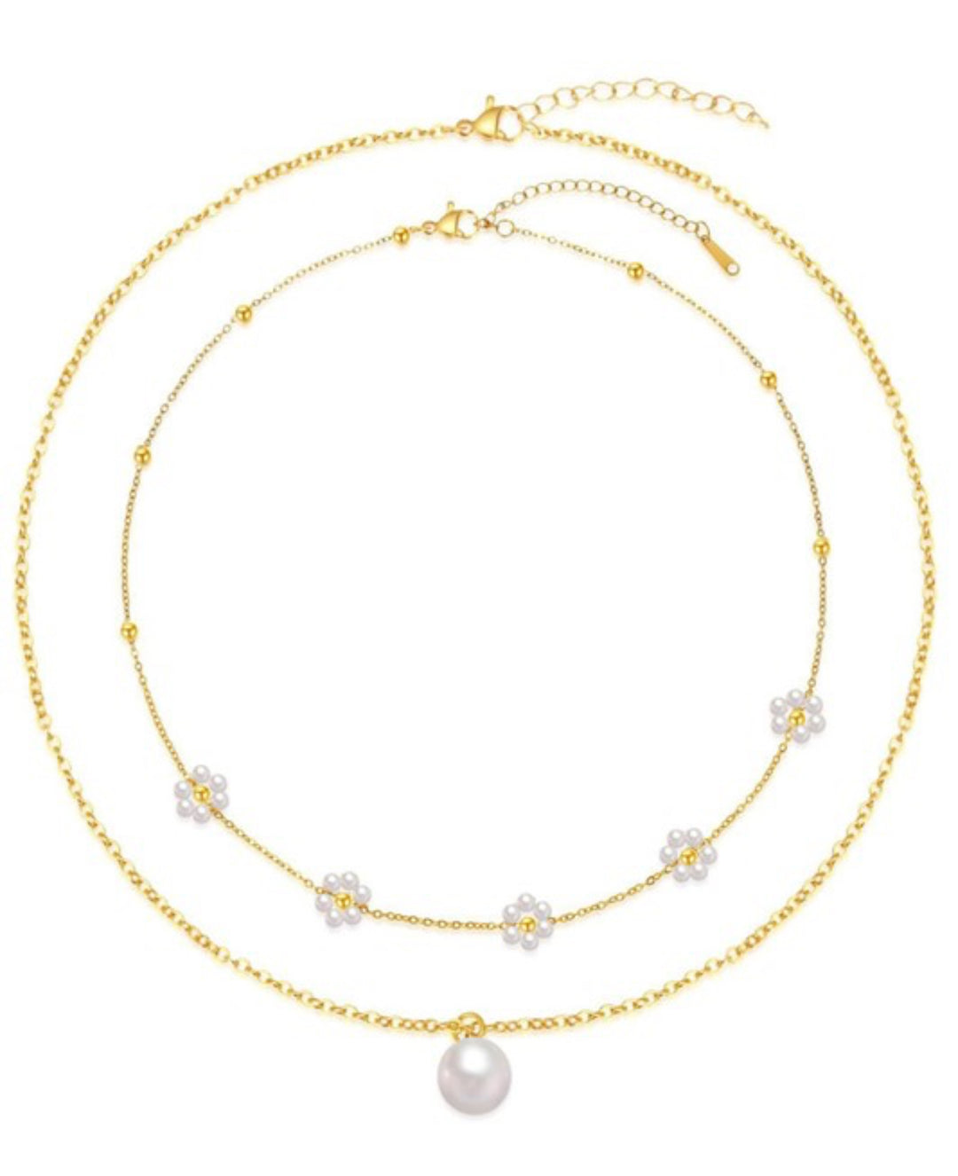 18K non-tarnish stainless steel chain necklace set with gold chain, white beaded flowers, and pearl pendant. Sizes: S, M, L.
