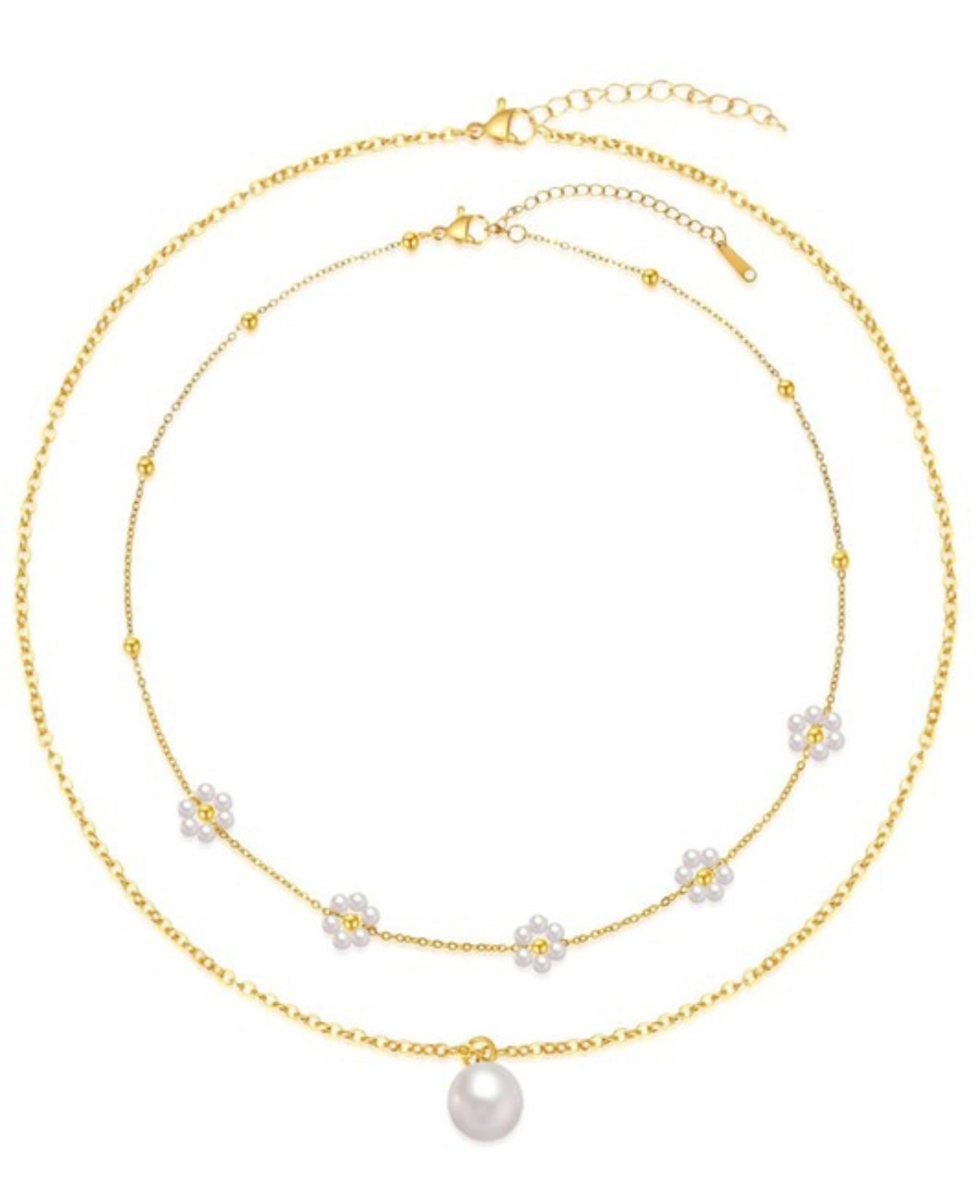 18K non-tarnish stainless steel chain necklace set with gold chain, white beaded flowers, and pearl pendant. Sizes: S, M, L.