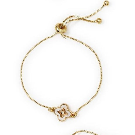 White flower charm bracelet with gold bead center, adjustable chain, two gold beads at ends. Sizes: S, M, L.