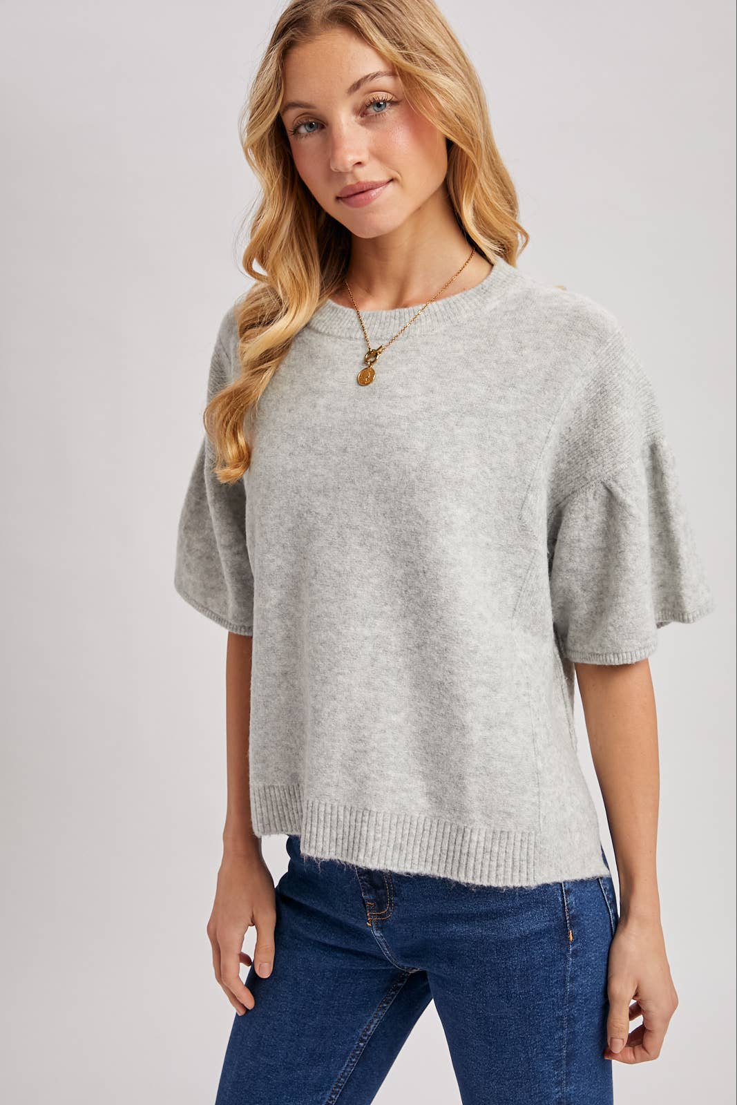 GATHERED SHORT SLEEVE BOXY KNIT SWEATER TOP, LATTE, S/M: Heathered grey crew neck knit with gathered sleeves.