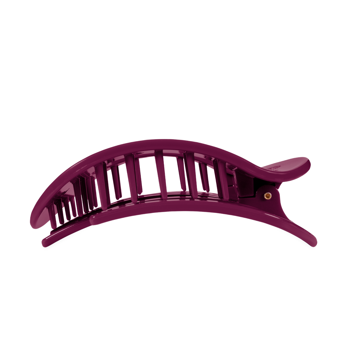 The Mulberry Large Flat Round Hair Clip is made of purple plastic with a curved, vented design and interlocking teeth; available in large size.